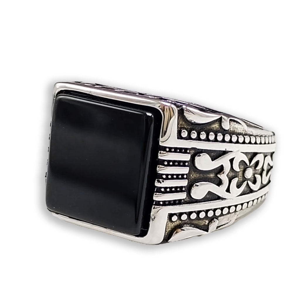 Natural Square Black Agate Stone 925 Sterling Silver Turkish Ring