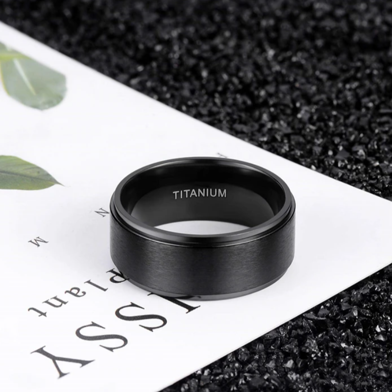 10MM Men's Titanium Ring Wedding Band Black Plated Brushed Top and Grooved Polished Edges-Rings-Innovato Design-7-Innovato Design