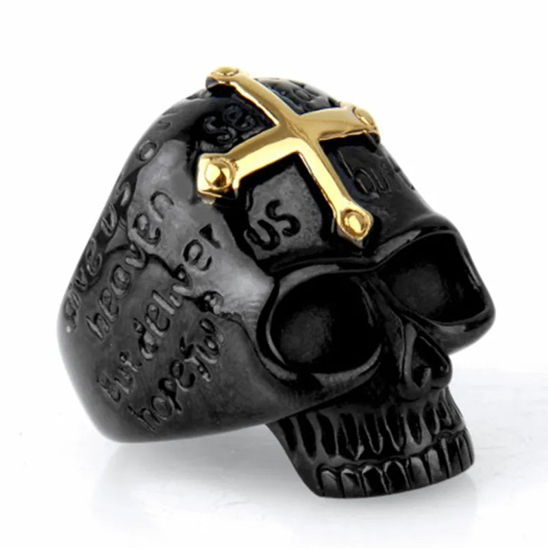 Men's Stainless Steel Rings Black Gold Skull Cross Bible Lords Prayer Gothic-Rings-Innovato Design-7-Innovato Design