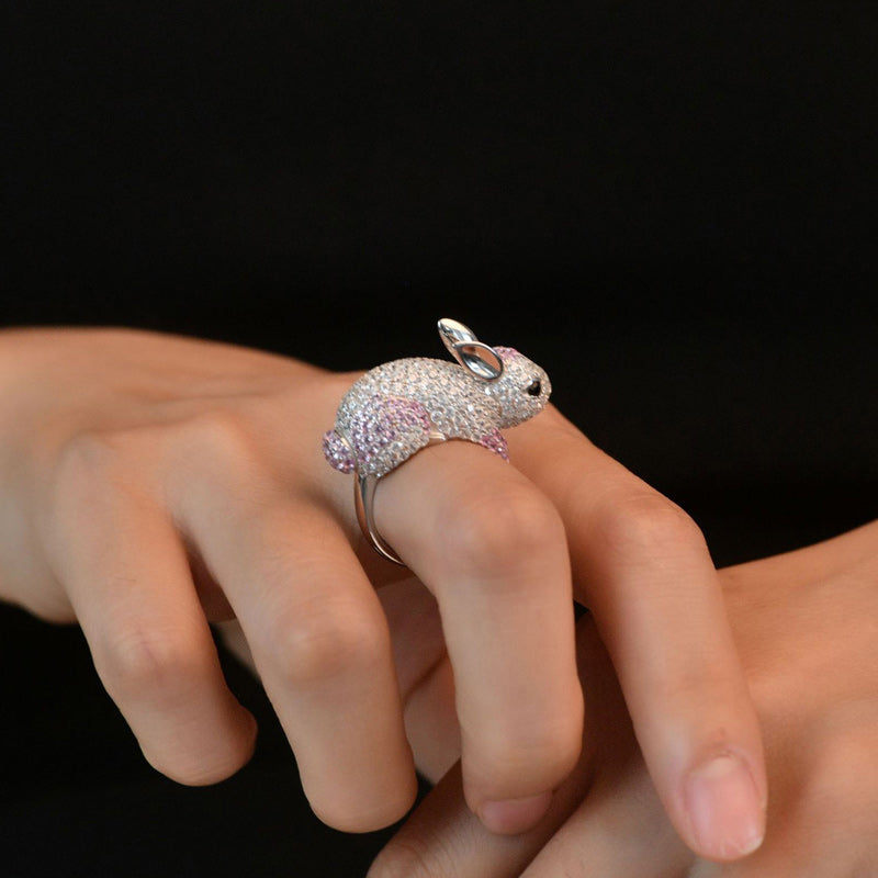 Cute Sterling Silver Rabbit Ring Crystal Sparkling Pink Zircon-Rings-Innovato Design-5-Innovato Design