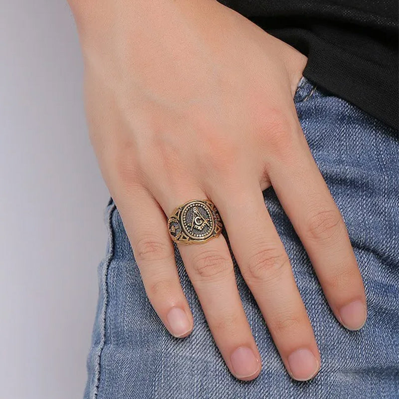 Bizonmark Rings Stainless Steel Gold Plated Vintage Freemason Symbol Masonic Rings Ban ...
