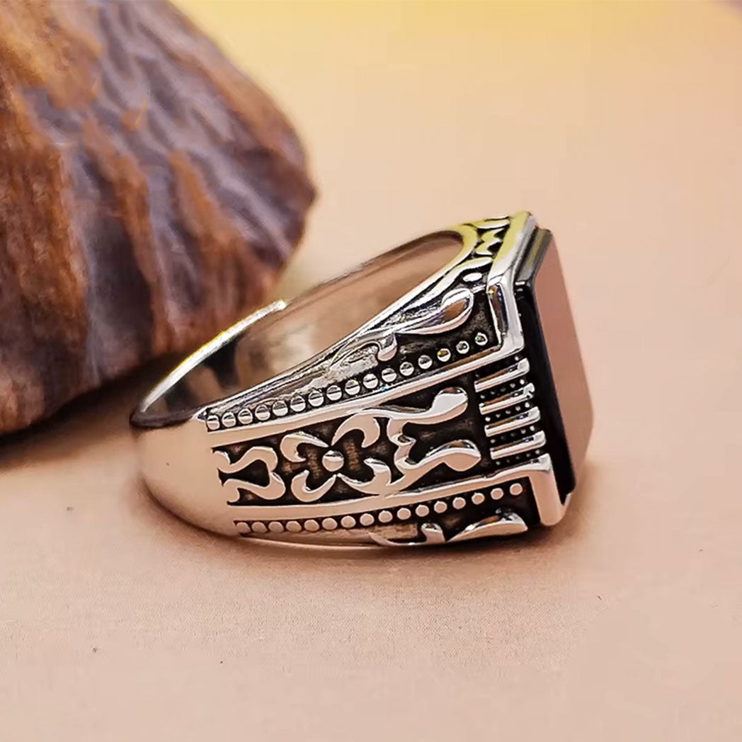 Natural Square Black Agate Stone 925 Sterling Silver Turkish Ring