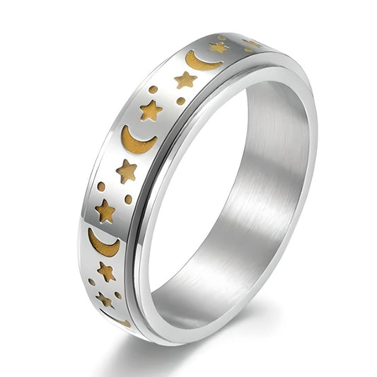 Men Stainless Steel Moon Star Glow in the Dark and Spinner Ring