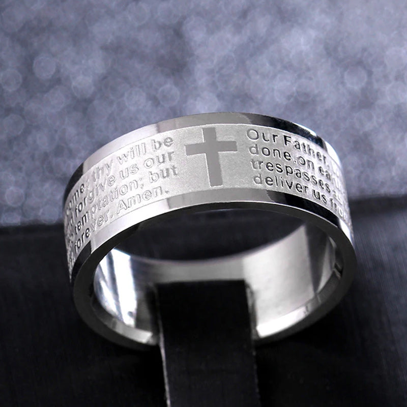 Men Women 8 mm Stainless Steel Ring English Lord's Prayer Cross Band-Rings-Innovato Design-6-Innovato Design