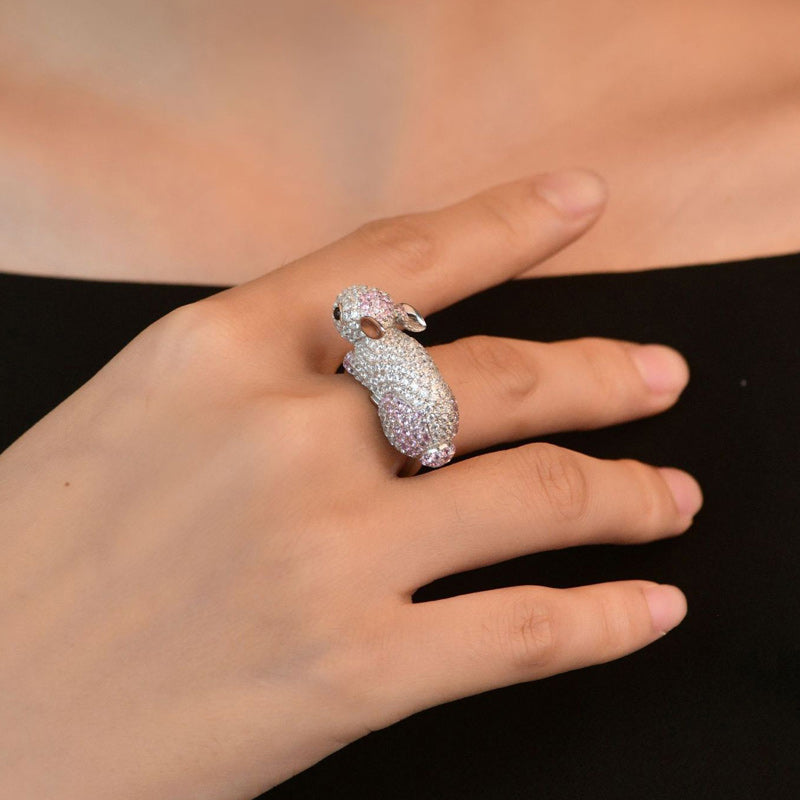 Cute Sterling Silver Rabbit Ring Crystal Sparkling Pink Zircon-Rings-Innovato Design-5-Innovato Design