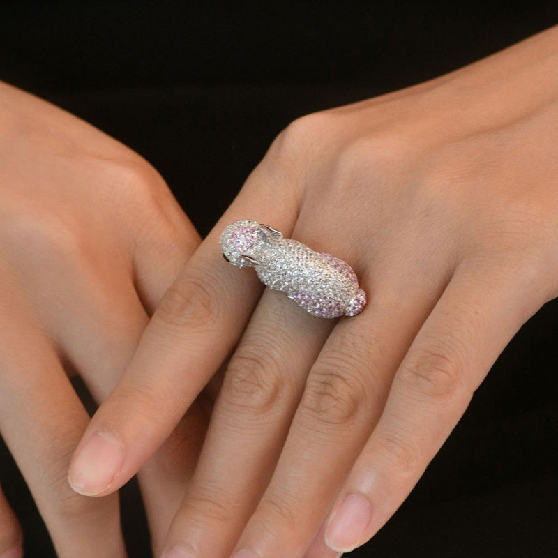 Cute Sterling Silver Rabbit Ring Crystal Sparkling Pink Zircon-Rings-Innovato Design-5-Innovato Design