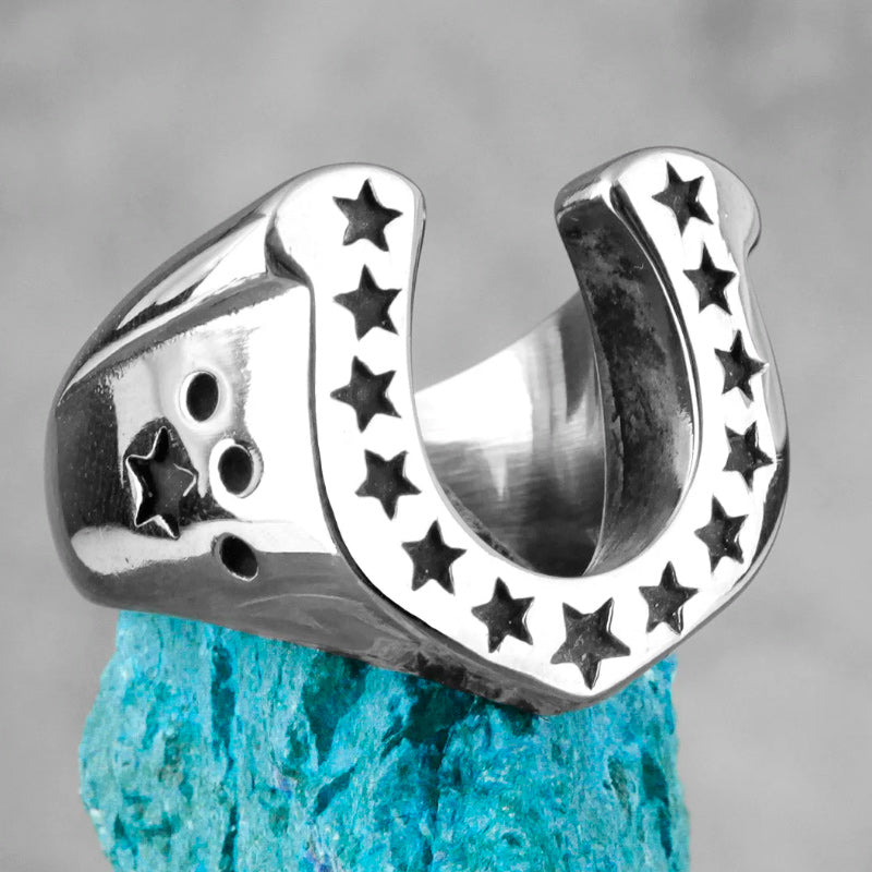 Men Stainless Steel Ring Vintage Biker Silver Black Horseshoe-Rings-Innovato Design-8-Innovato Design