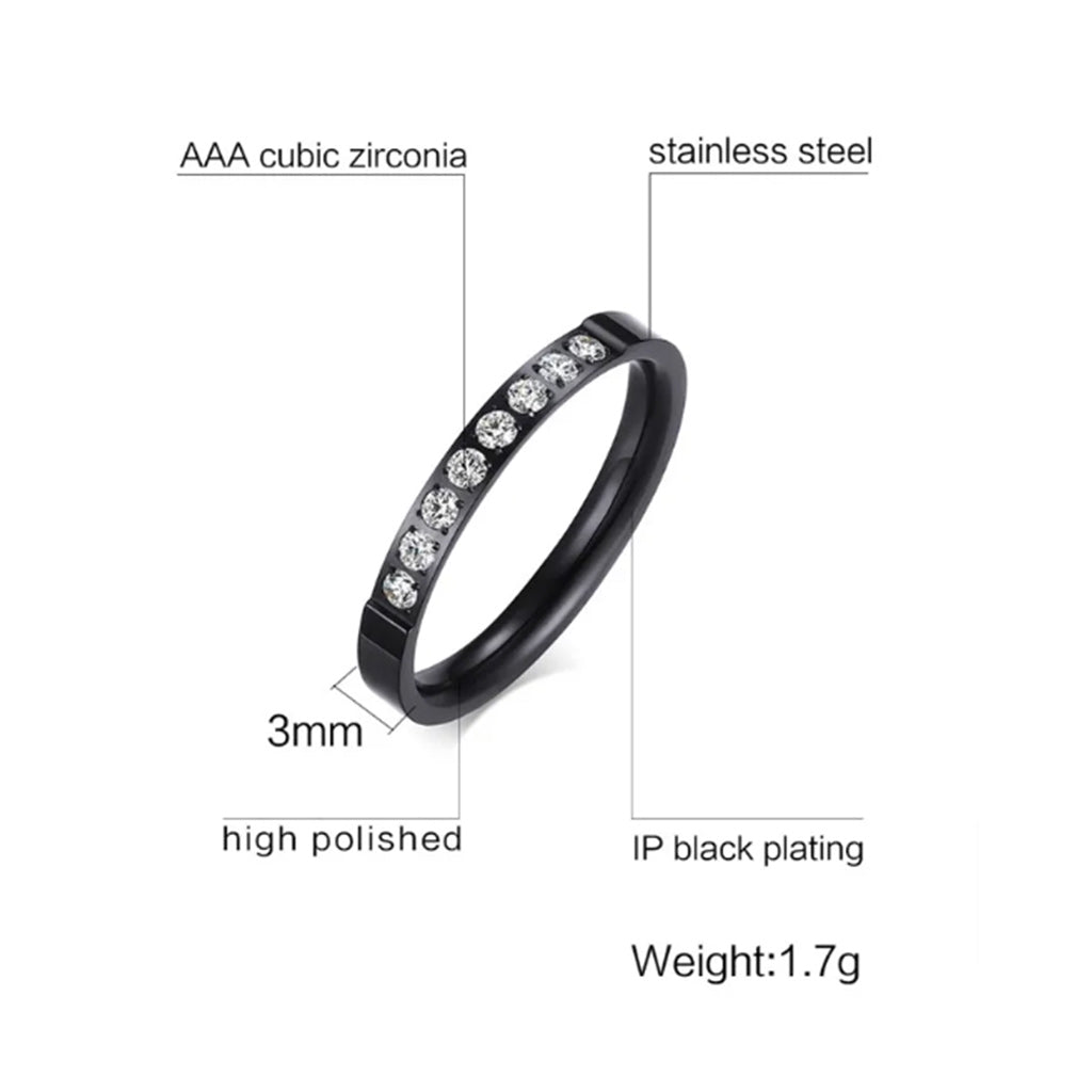 Women Black Fashion Jewelry 3mm Stainless Steel Thin Wedding Ring CZ Zircon Engagement Promise Band