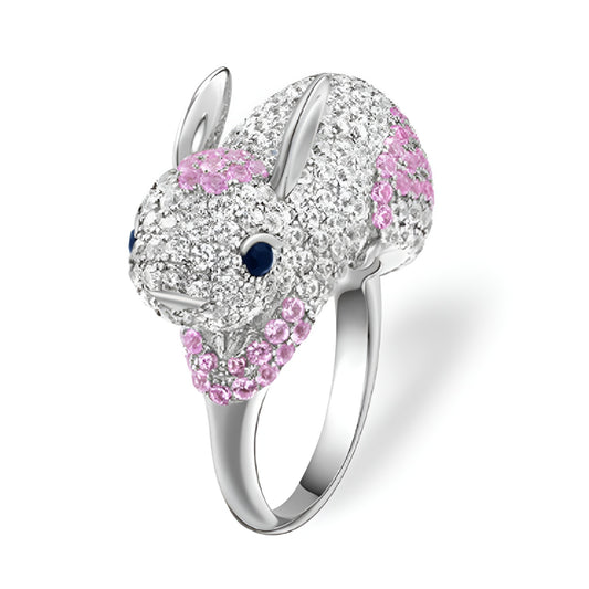 Cute Sterling Silver Rabbit Ring Crystal Sparkling Pink Zircon-Rings-Innovato Design-5-Innovato Design