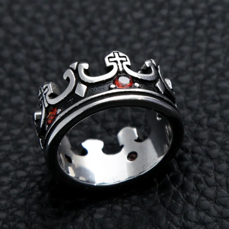 Men's Stainless Steel Ring Band Silver Tone Black Royal King Crown Knight Red Zircon-Rings-Innovato Design-7-Innovato Design