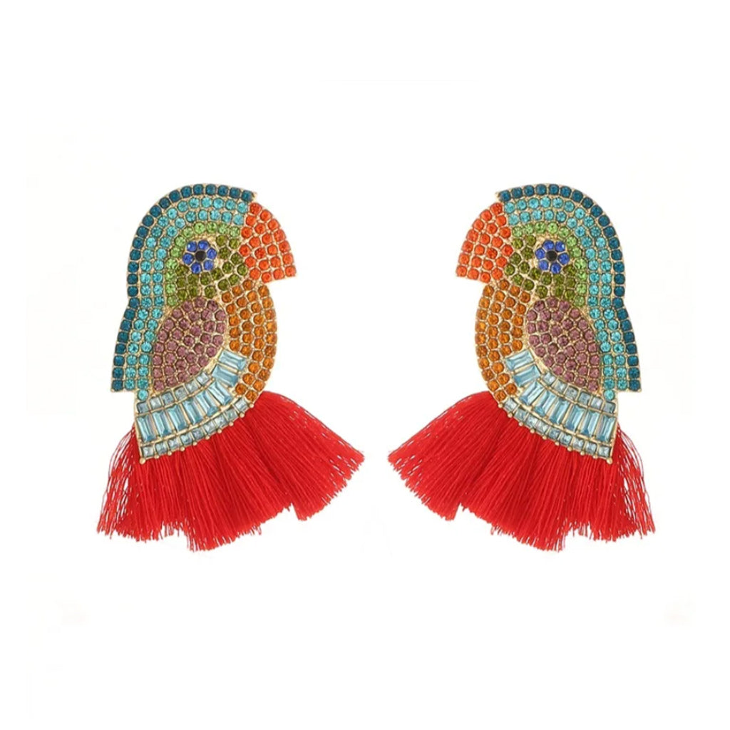 Women's Austrian Crystal Parrot Pet Bird Pierced Dangle Tassel Earrings-Earrings-Innovato Design-Red-Innovato Design