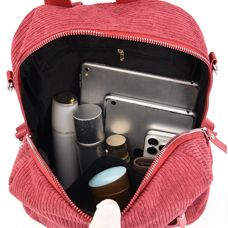 Corduroy Travel Anti-theft Backpack for Teenage Girls Women-corduroy backpacks-Innovato Design-Brown-Innovato Design