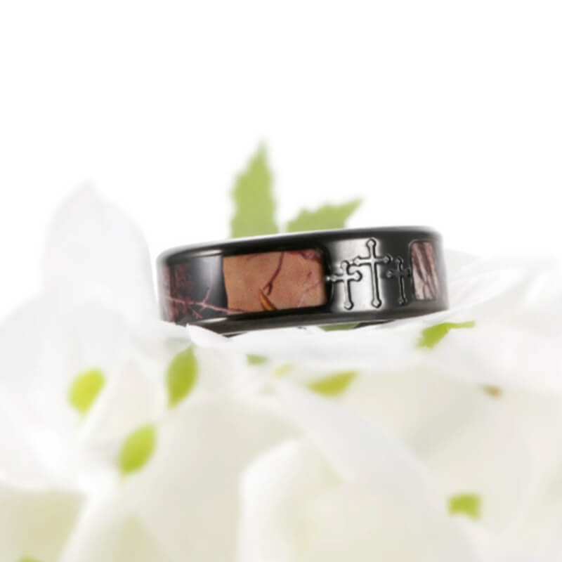 Men's 8mm Black Titanium Ring with Contrasting Engraved Crosses and Brown Camouflage Inlaid-Rings-Innovato Design-8-Innovato Design