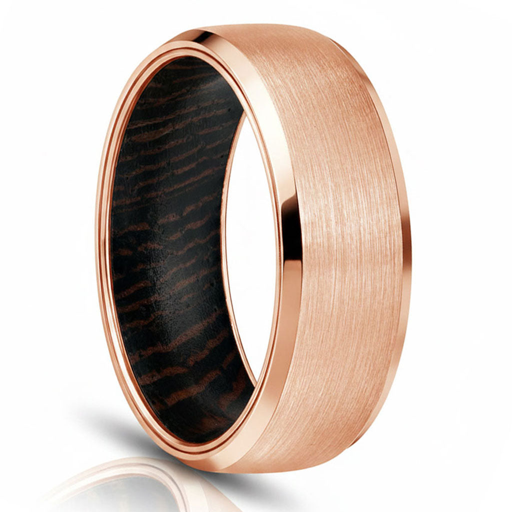 8mm Men Beveled Edges Tungsten Carbide with Wood Interior Comfort Fit Wedding Ring