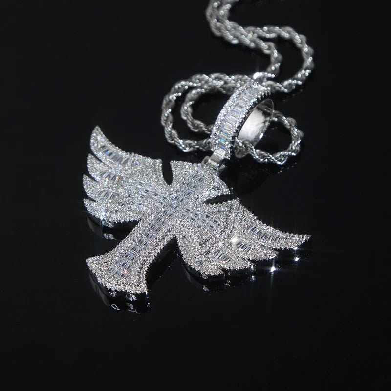 Silver Plated Angel Wing Cross Men Women Pendant CZ Necklace Rope Chain-Necklaces-Innovato Design-Innovato Design