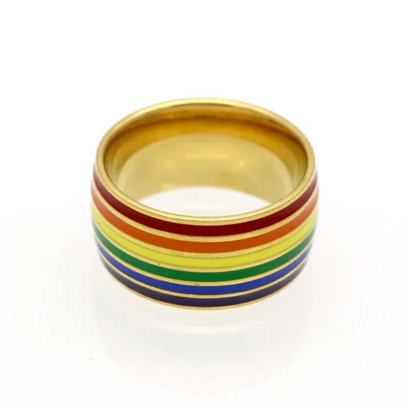 10mm Stainless Steel Gold Plated Rainbow Enamel Wedding Promise Band Ring-Rings-Innovato Design-6-Innovato Design