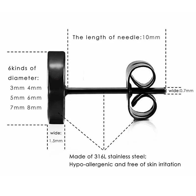 Stainless Steel Black Stud Earrings for Men Women, 3mm-8mm Available-Earrings-Innovato Design-Diameter: 3mm-Innovato Design