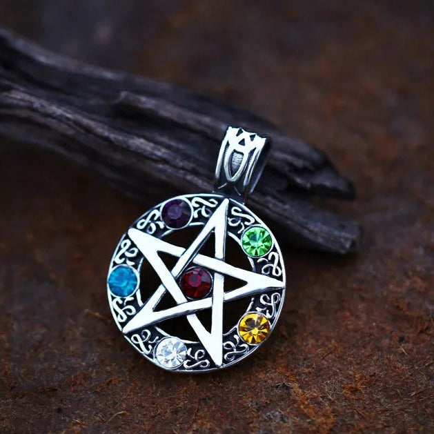 Elemental Crystal Wiccan Pagan Magic Star Pentacle Pentagram Pewter Pendant-Necklaces-Innovato Design-Innovato Design