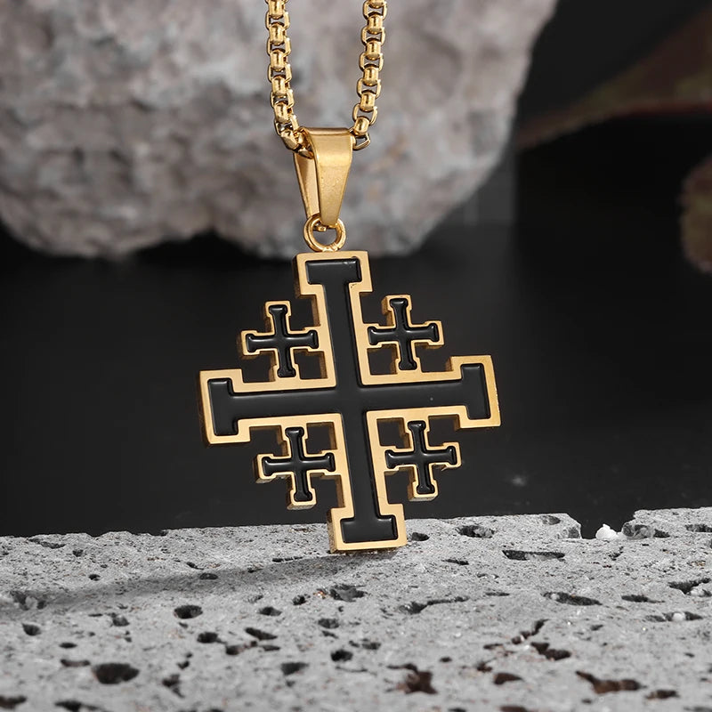 Stainless Steel Jerusalem Religious Cross Pendant Chain Templar Medieval Necklace-Necklaces-Innovato Design-Silver Gold 3D-Innovato Design
