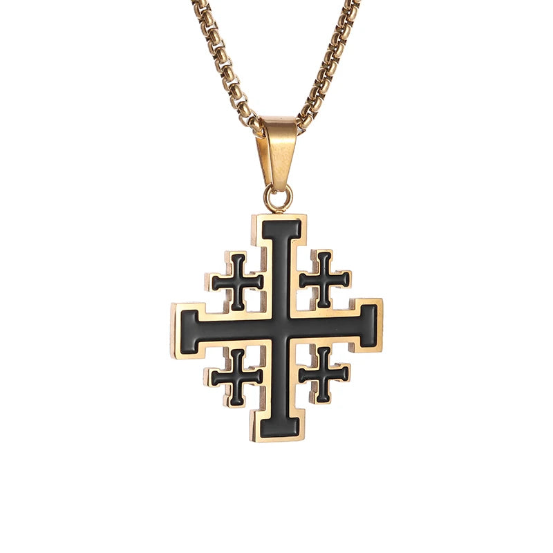 Stainless Steel Jerusalem Religious Cross Pendant Chain Templar Medieval Necklace-Necklaces-Innovato Design-Black Gold-Innovato Design