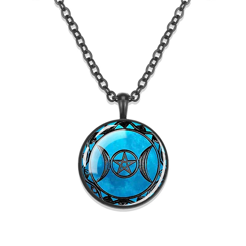 Triple Moon Goddess Pentagram Black Blue Pendant Necklace-Necklaces-Innovato Design-Innovato Design