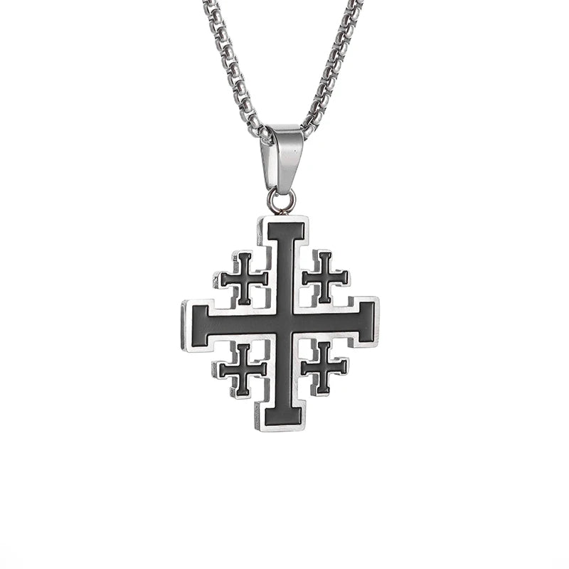 Stainless Steel Jerusalem Religious Cross Pendant Chain Templar Medieval Necklace-Necklaces-Innovato Design-Silver Black-Innovato Design