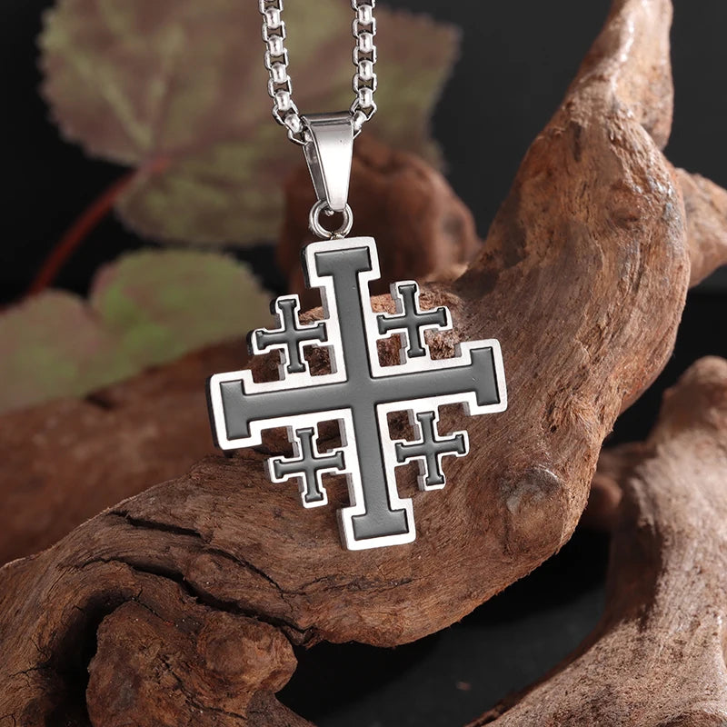 Stainless Steel Jerusalem Religious Cross Pendant Chain Templar Medieval Necklace-Necklaces-Innovato Design-Silver Gold 3D-Innovato Design