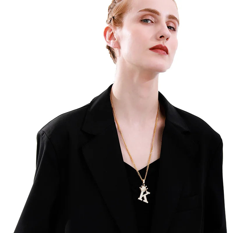 King Crown Alphabet Initial Letter Pendant 24 Various Chain Necklace in Gold-Necklaces-Innovato Design-D-Innovato Design