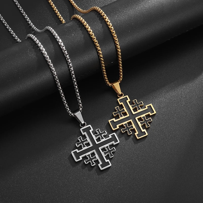 Stainless Steel Jerusalem Religious Cross Pendant Chain Templar Medieval Necklace-Necklaces-Innovato Design-Silver Gold 3D-Innovato Design