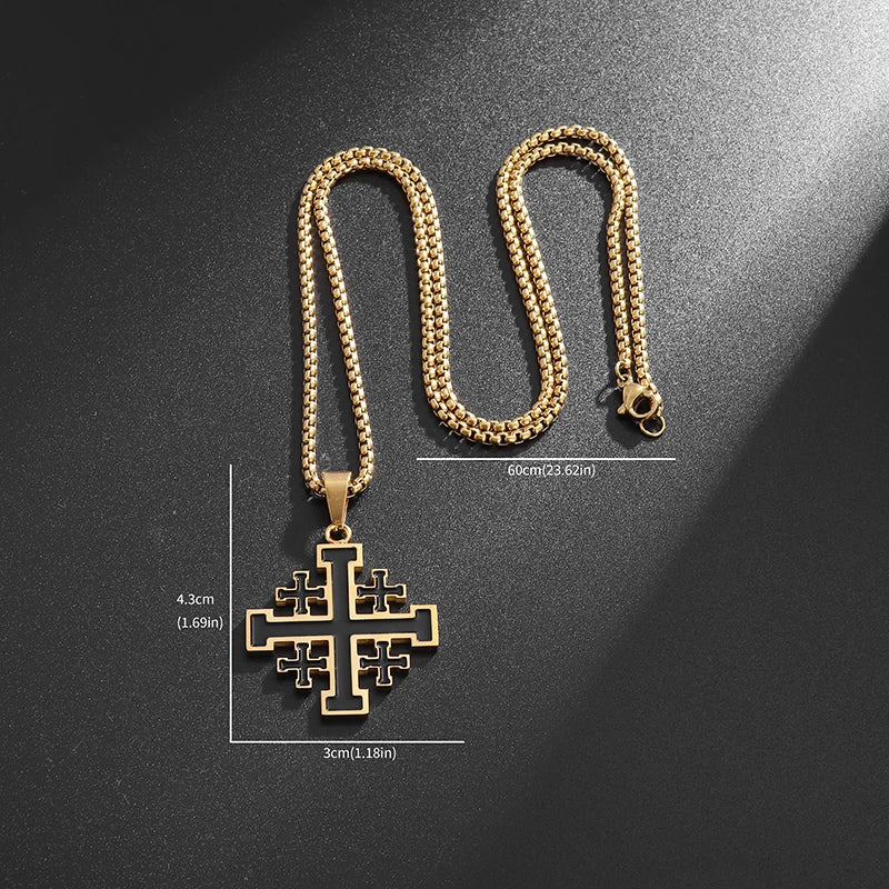 Stainless Steel Jerusalem Religious Cross Pendant Chain Templar Medieval Necklace-Necklaces-Innovato Design-Silver Gold 3D-Innovato Design