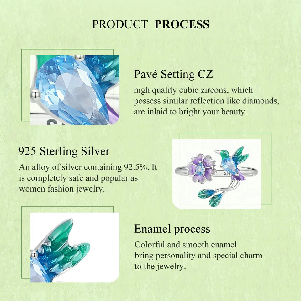 Romantic Colorful Cubic Zirconia Flower with Bird Sterling Silver Wedding Ring-Rings-Innovato Design-Adjustable-Innovato Design