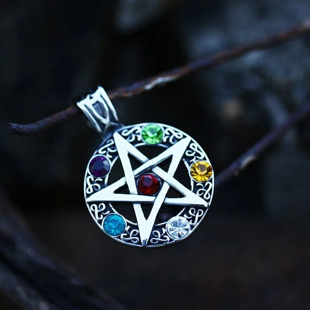 Elemental Crystal Wiccan Pagan Magic Star Pentacle Pentagram Pewter Pendant-Necklaces-Innovato Design-Innovato Design
