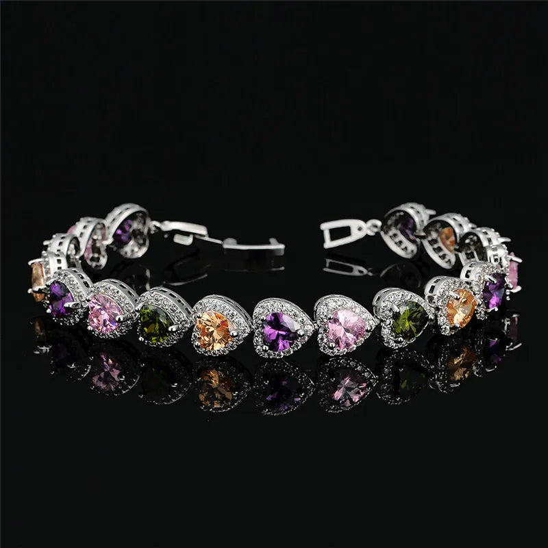 Women's 925 Sterling Silver Full Zircon Elegant Heart-shaped Tennis Bracelet