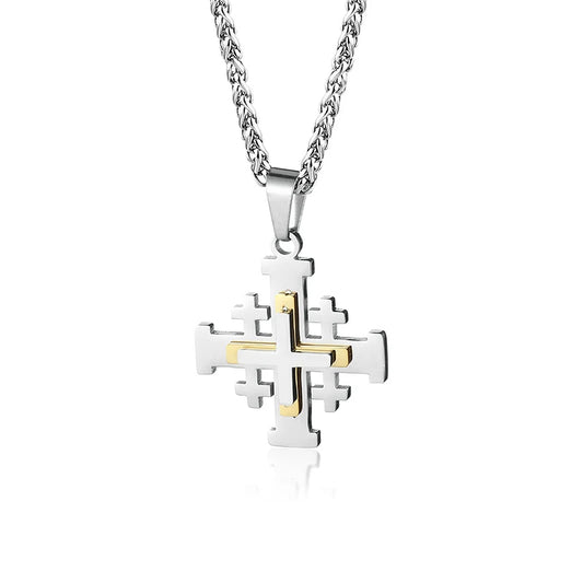 Stainless Steel Jerusalem Religious Cross Pendant Chain Templar Medieval Necklace-Necklaces-Innovato Design-Silver Gold 3D-Innovato Design