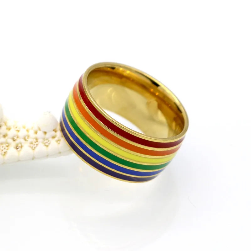 10mm Stainless Steel Gold Plated Rainbow Enamel Wedding Promise Band Ring-Rings-Innovato Design-6-Innovato Design