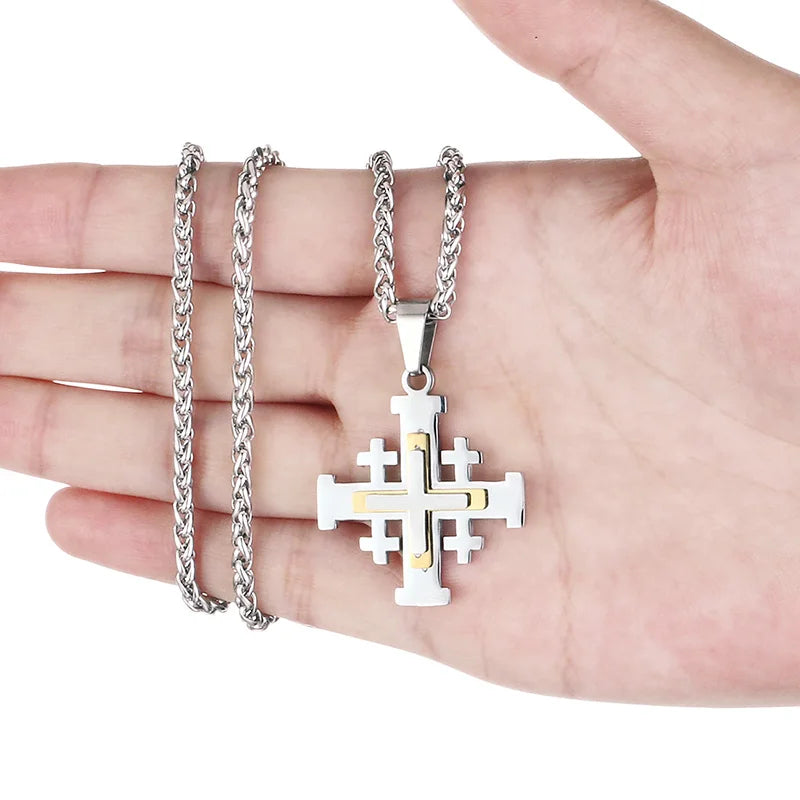 Stainless Steel Jerusalem Religious Cross Pendant Chain Templar Medieval Necklace-Necklaces-Innovato Design-Silver Gold 3D-Innovato Design