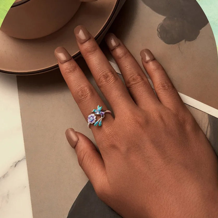 Romantic Colorful Cubic Zirconia Flower with Bird Sterling Silver Wedding Ring-Rings-Innovato Design-Adjustable-Innovato Design