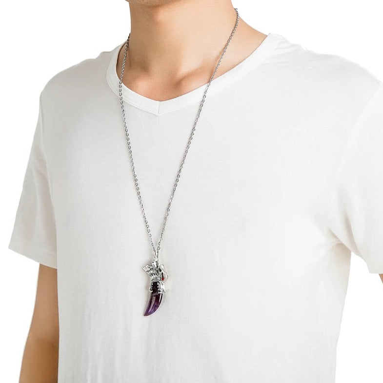 Men's Stainless Steel Pendant Necklace Natural Crystal Wolf Tooth Tribal-Necklaces-Innovato Design-Dark Blue-Innovato Design