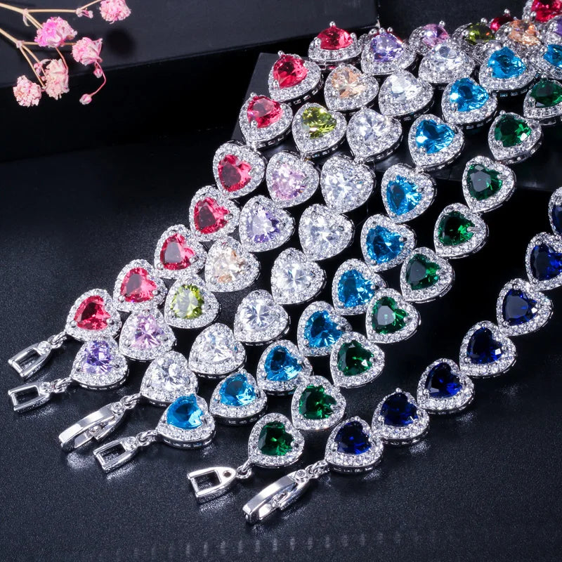 Women's 925 Sterling Silver Full Zircon Elegant Heart-shaped Tennis Bracelet