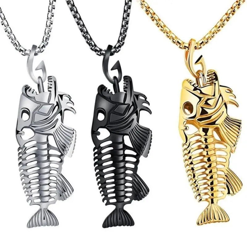 Stainless Steel Fish Hook Bone Pendant with Chain Necklace-Necklaces-Innovato Design-Gold-Innovato Design