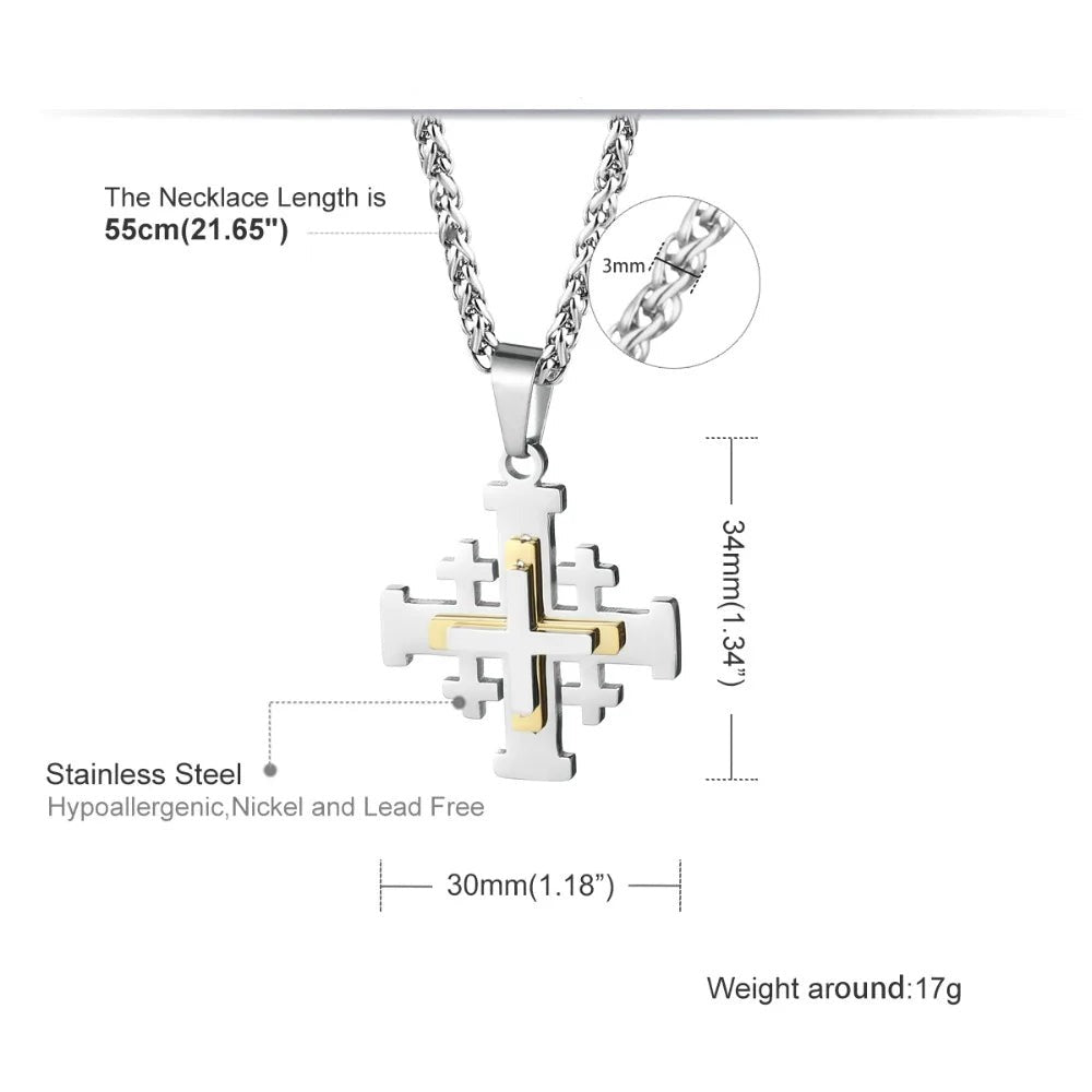 Stainless Steel Jerusalem Religious Cross Pendant Chain Templar Medieval Necklace-Necklaces-Innovato Design-Silver Gold 3D-Innovato Design