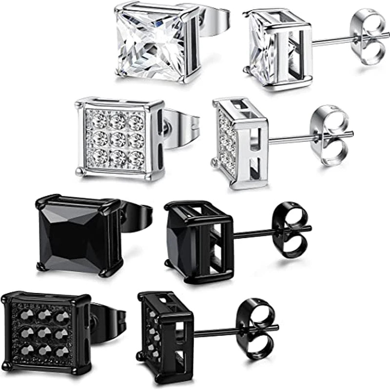 4 Pairs Stainless Steel Stud Earrings for Men Women Square Earrings CZ Inalid,6-8MM-Earrings-Innovato Design-4 Pairs 6mm-Innovato Design