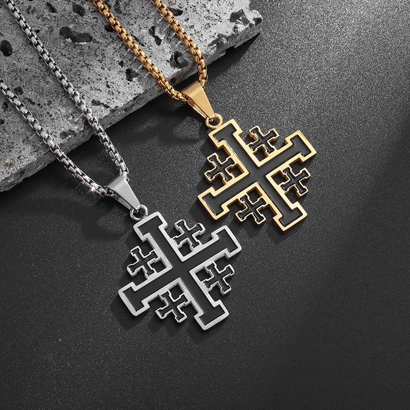 Stainless Steel Jerusalem Religious Cross Pendant Chain Templar Medieval Necklace-Necklaces-Innovato Design-Silver Gold 3D-Innovato Design