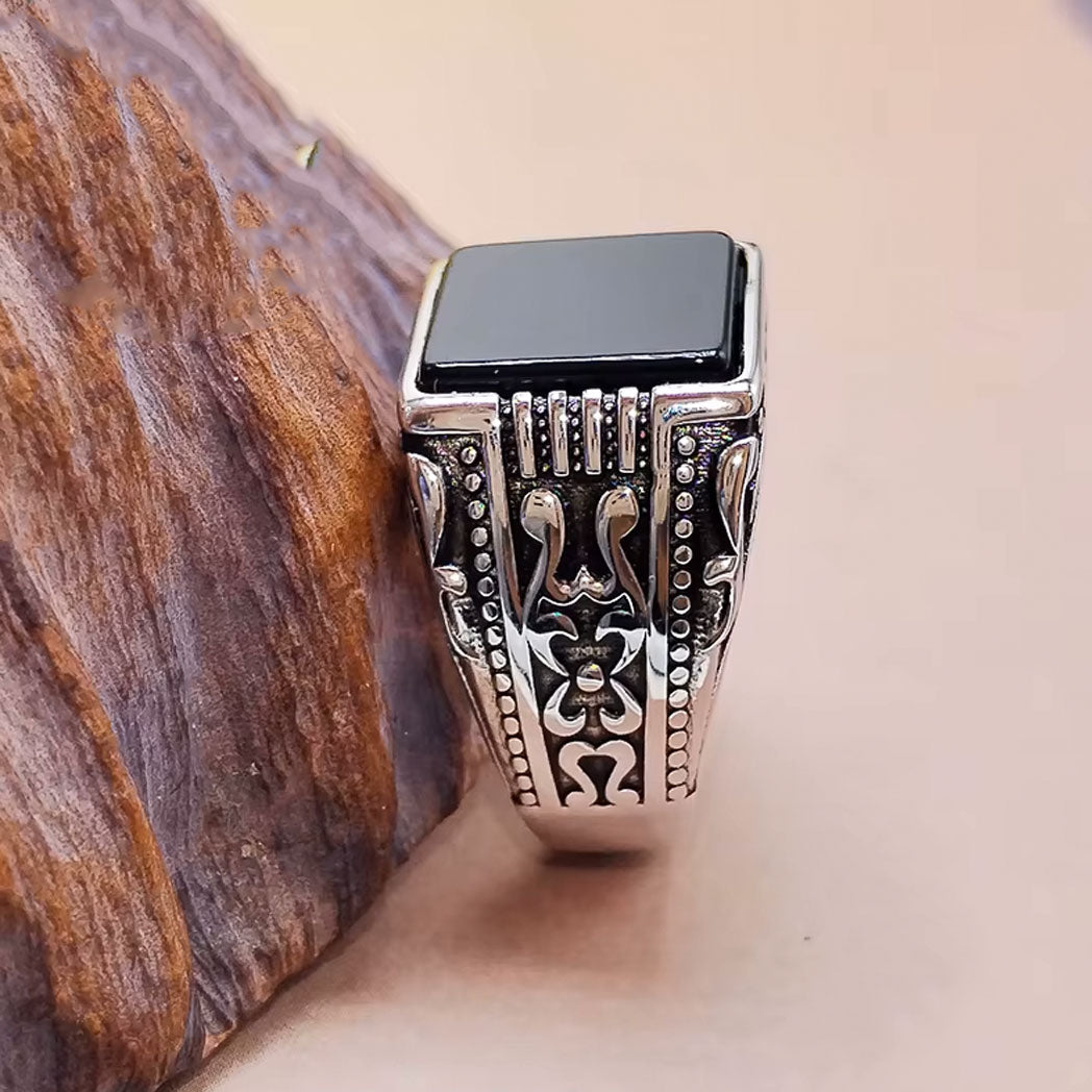 Natural Square Black Agate Stone 925 Sterling Silver Turkish Ring