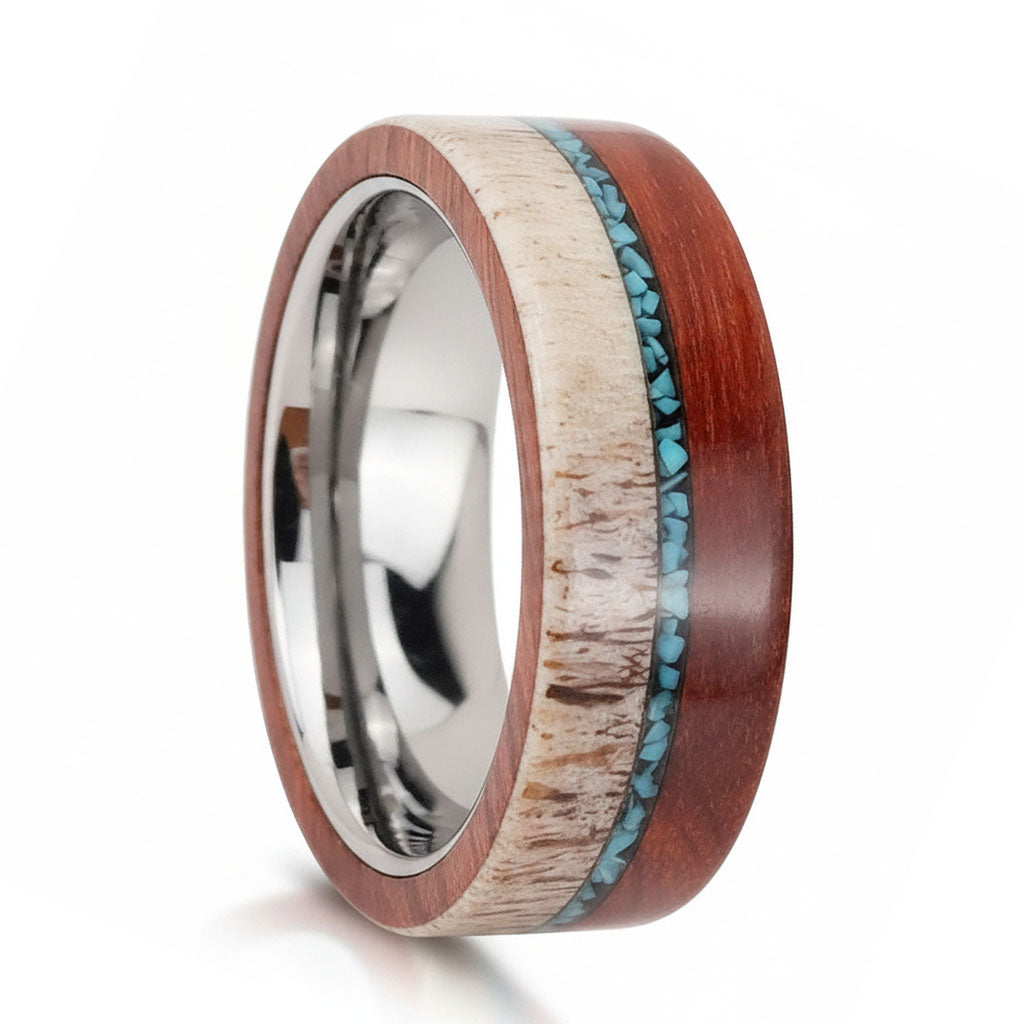8mm Men Beveled Edges Tungsten with Natural Elk Antler Turquoise Interior Comfort Fit Wedding Band