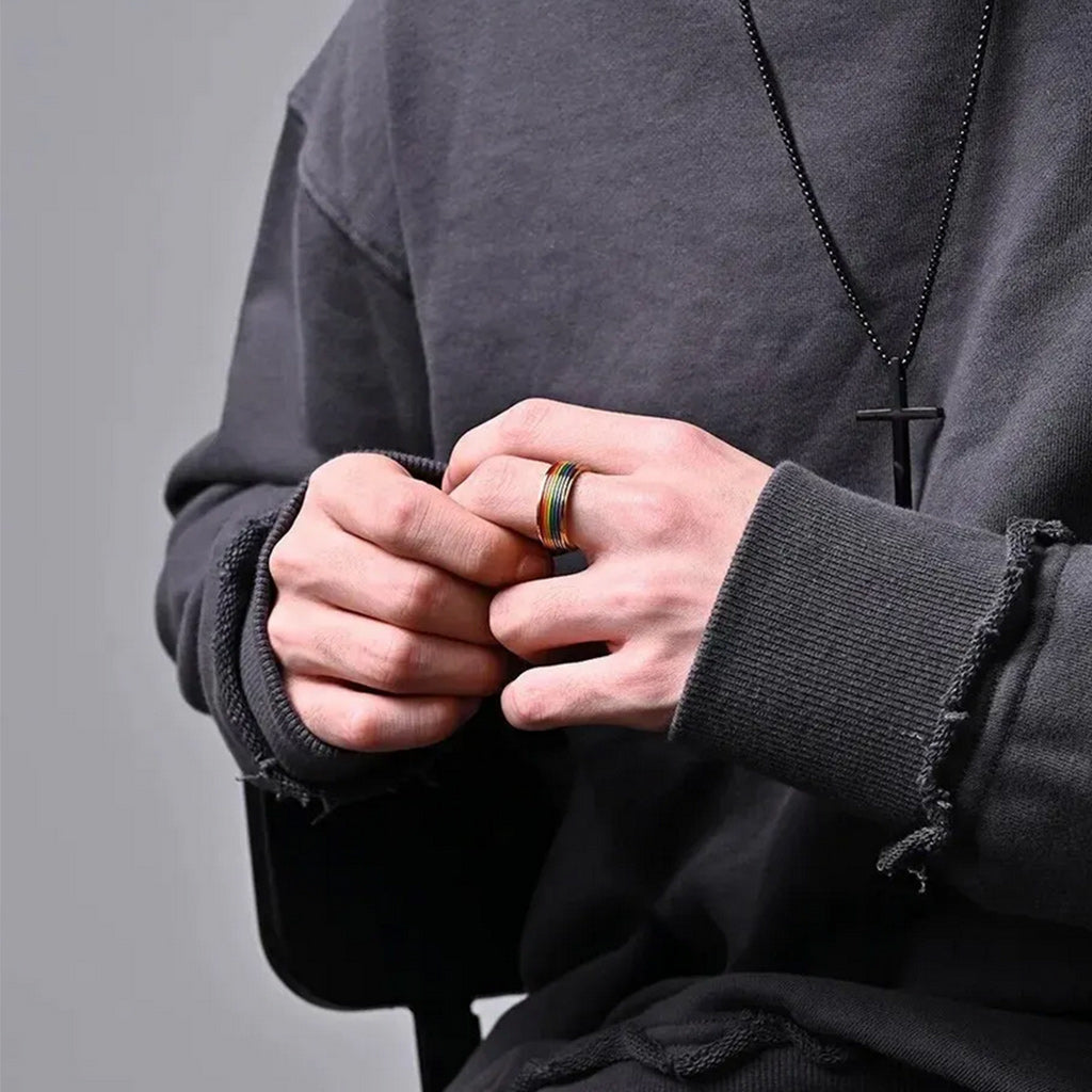 10mm Stainless Steel Gold Plated Rainbow Enamel Wedding Promise Band Ring-Rings-Innovato Design-6-Innovato Design