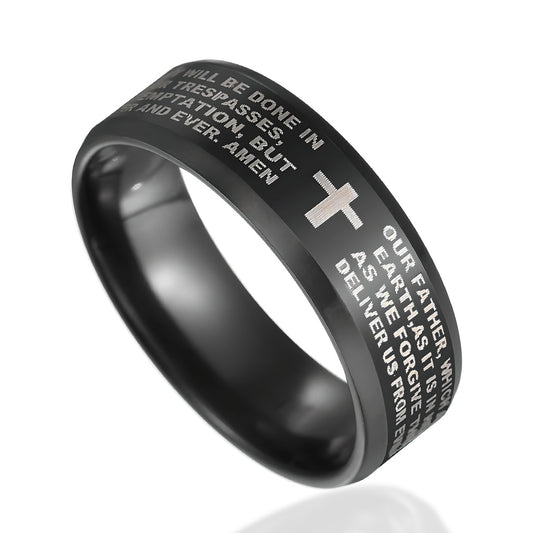 8mm Tungsten Carbide Black Ring Engraved English Bible Lords Prayer Cross Band-Rings-Innovato Design-6-Innovato Design
