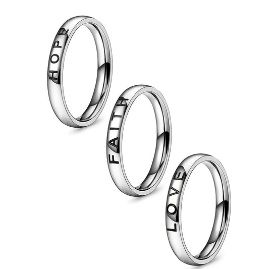 3 Pcs Faith Love Hope Stainless Steel Rings for Men Women Stackable Band Ring Wedding Engagement Fashion Band