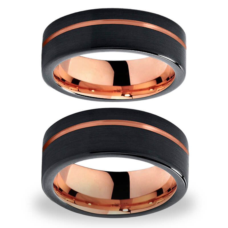 Rose Gold Inlay Black Tungsten Wedding Ring Set-Couple Rings-Innovato Design-8-6-Innovato Design