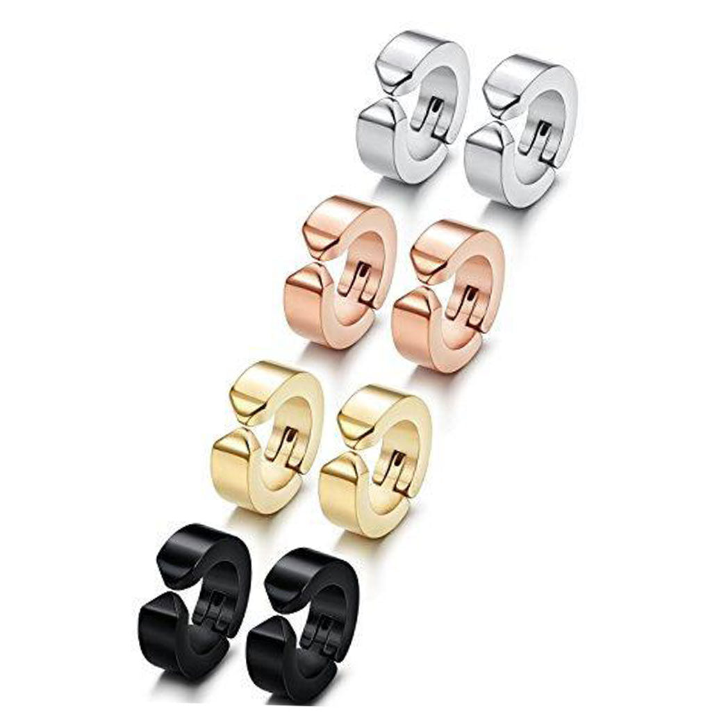 3-4 Pairs Stainless Steel Men Women Clip On Earrings Hoop Huggie Non-Piercing
